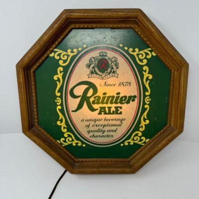 Vintage Rainier Ale Lighted Beer Sign (Since 1978) in Octagonal Wood Frame	