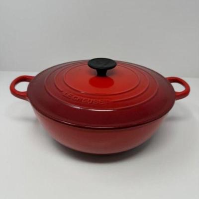 Le Creuset #26 Cast Iron - Large 4 1/4 Qt. Soup Pot - Cherry Red | Est. $330	
