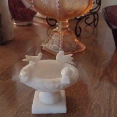 Alabaster birdbath figurine