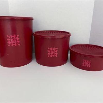 Vintage Tupperware Red Tulip Canister Set .jpg