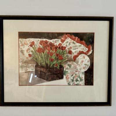Original watercolor of red poppies by Helen Paul. 34” x 30” framed. 