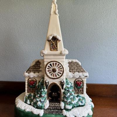Large Vintage ceramic winter church with music box measures 20” tall x 14” wide x 9” deep 