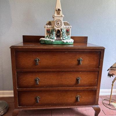 Antique chest with mirror, 33” wide x 18” deep x 30” tall.  $119
