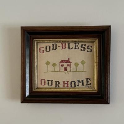 Antique cross stitch home blessing dated 1964 in an antique Eastlake frame circa 1870. Measures 12 1/2” x 14 1/2” f