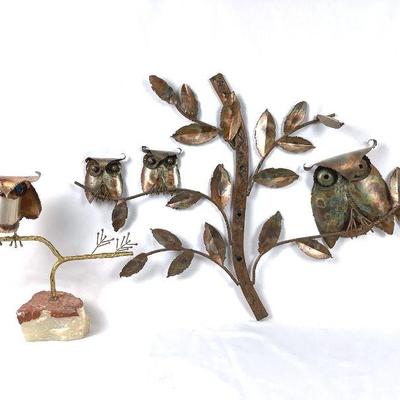 LIGR218 MCM Brutalist Metal Owl Wall Art & Sculpture	Metal Owl on tree branches wall art. Sculpture of a metal owl on a branch...