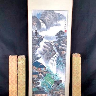 FLRO214 Vintage Calligraphy Artwork	4 different Calligraphy(scrolls) artwork. One of the scrolls has a little tear as shown in the...