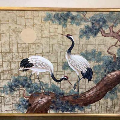 SAAL705 Very Large Framed Painting Of Cranes	Very large oil on canvas painting, measuring 51x62 inches. Asian themed, with brushed gold...
