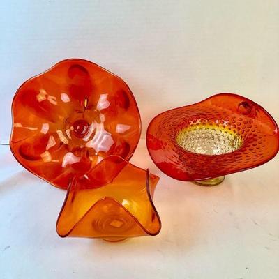 DEJE316 Vintage Viking And Kanawha Glass Bowls	Lot includes 3 vintage glass pieces: 1) Viking Glass Marigold 6 Petal Compote, 2). Kanawha...