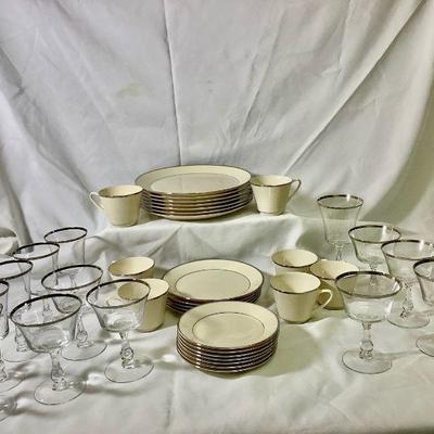 BIGA302 Lenox Rapture China & Fostaria Sheffield Silver Rimmed Glasses	Lot includes:  7 Dinner Playes, 5 Salad Plates and 7 Bread...