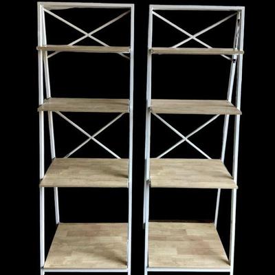 DEJE222 Origami Brand Collapsible Shelves	Two-4 tier collapsible shelves, white in color, have locking tabs to fold up each shelf. 

