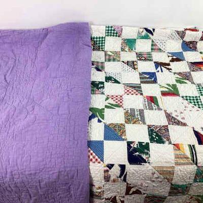 LIGR701 Two Patchwork Quilts	The multi colored one is probably queen size measuring approximately 86 inches long & 80 inches wide. 
