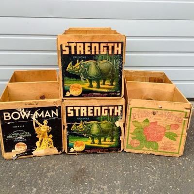 DEJE602 Vintage Wooden Orange Crates	This lot includes four vintage orange wooden crates, three marked Sunkist, one pure gold mutual...
