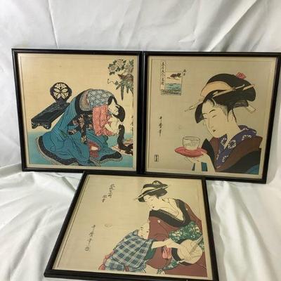 LIGR303 Kitagawa Utamaro Woodblock Print Trio	The three prints include:  Geisha Combing Hair, Mother and Child & Appearing Again...