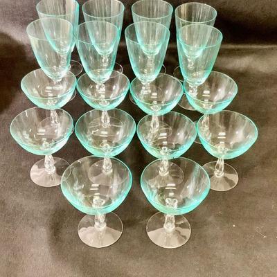 LIGR309 Fastoria Rhapsody Turquoise Tea & Sherbert Glasses	There are8 Tea Glasses and 10 Sherbert Glasses.  
