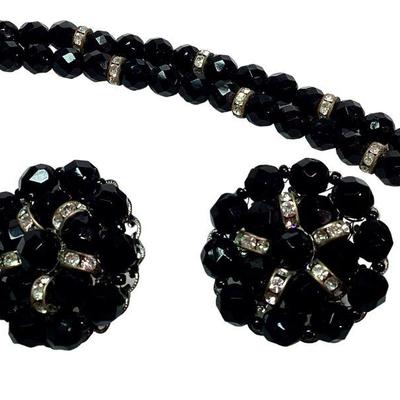 KIHE703 Vintage Faceted Black Glass & Rhinestone Necklace & Matching Earrings	Very nice x-long, heavy, glass bead necklace strand...