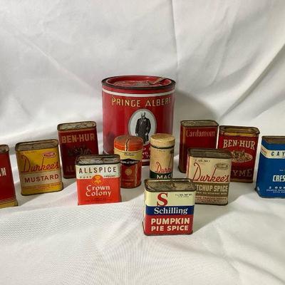 DEJE315 Old Tins Of Spices And Tobacco	Price Albert tobacco tin.  Spice tins from Durkee, Crown Colony, Schilling and more.
