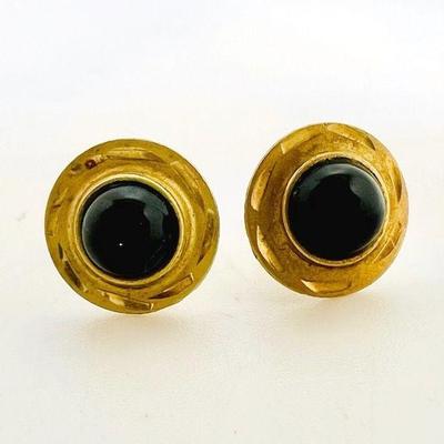 Round 14 Karat Gold Earrings with Black Stones
