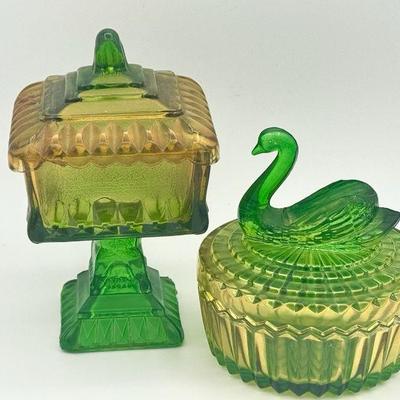 (2) Vintage Covered Green And Gold Trinket Boxes
