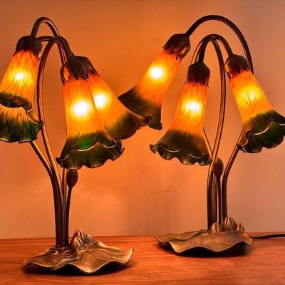 (2) Three Bulb Colored Glass Lilly Pad Lamps
