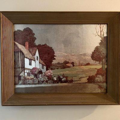 Pastoral European “Horse And Wagon” Foil Art Lithograph Ernest Uden c.1940's
