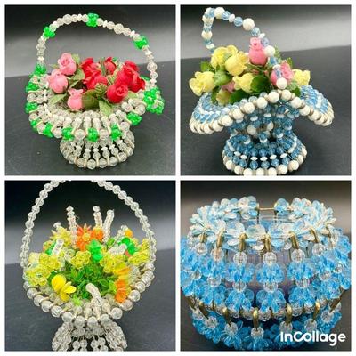 (4) Vintage Handmade Bead And Pin Baskets
