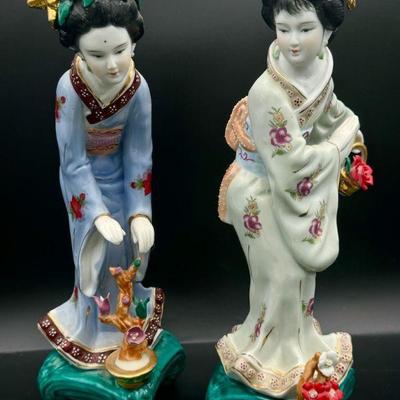(2) Vintage Pair of Geisha Women Hand Painted Porcelain Statues Gold Trim 12” Tall
