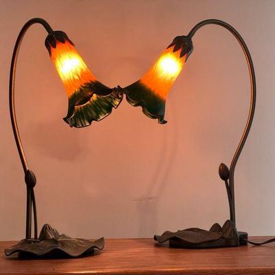 (2) Single Bulb Colored Glass Lilly Pad Lamps
