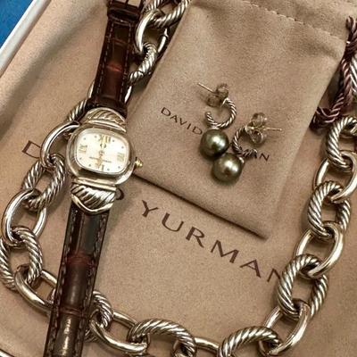 David Yurman Chain necklace, pearl earrings, & watch