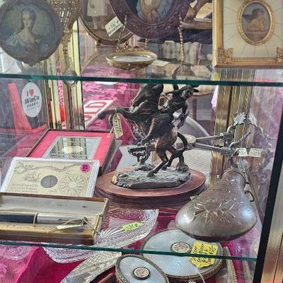 Hand Painted miniature portraits,  bronze reproduction SOLD  statue, powder flask and more!