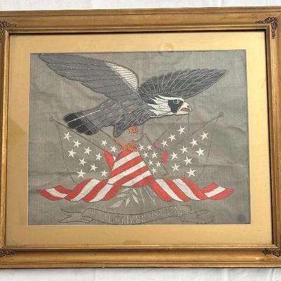 Antique 1847 Embroidered Patriotic Folk Art American Eagle US Flag 29 Stars Iowa