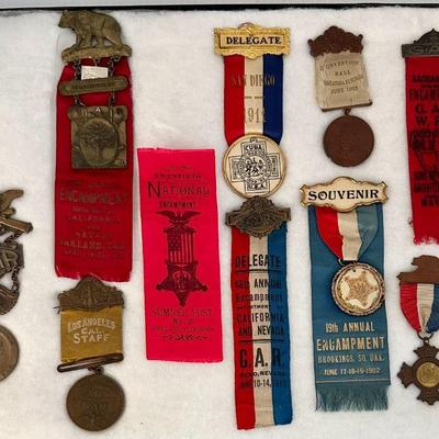Lot of 10 Antique California Nevada GAR Civil War Veterans Medals Ribbons