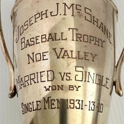 Vintage 1931 Silverplate McShane San Francisco Noe Valley Baseball Trophy