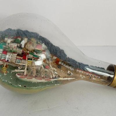 Antique Diorama Coastal Town and Ship Model in Large Light Bulb