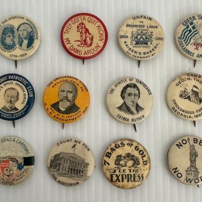 Group of 12 Antique Buttons Pinbacks Politics Prohibition Military Patriotic