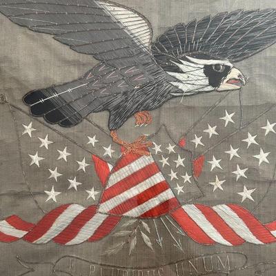 Antique 1847 Embroidered Patriotic Folk Art American Eagle US Flag 29 Stars Iowa