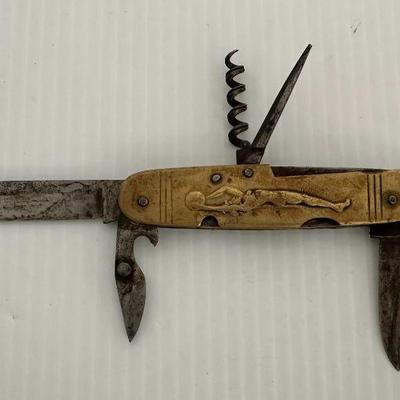 Antique Sports Basketball Gymnast Brass Multi Tool Corkscrew Pocket Knife