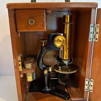 Antique Bausch & Lomb Double Pillar Brass Microscope and Box