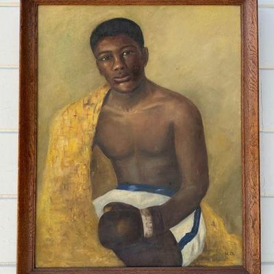 Antique Vintage Black Boxer Portrait Boxing Oil Painting