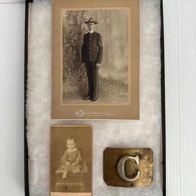 Antique Spanish American War Named Iowa Soldier Belt Buckle & Cabinet Photo