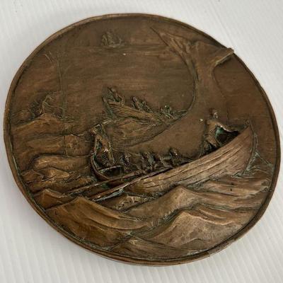 Vintage Signed 8 Inch Bronze Raised Relief Whaling Medallion Plaque