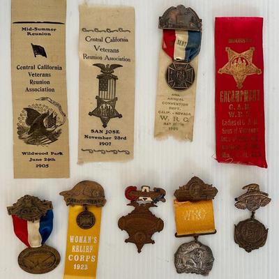 10 Antique California GAR Civil War Veterans Womens Relief Medals Ribbons