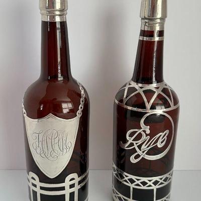 2 Antique Sterling Silver Overlay Rye Whiskey Bar Bottles