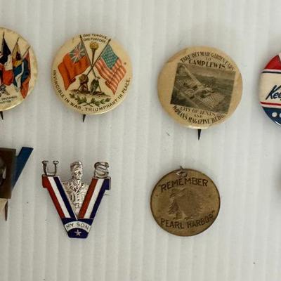 Lot of 8 Vintage WW1 WWII Victory Buttons Pinbacks Roosevelt Pearl Harbor