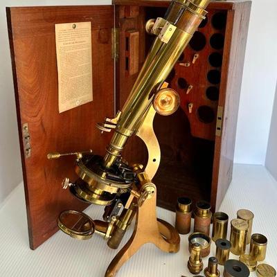Antique 19th Century Henry Crouch London James Queen Brass Binocular Microscope
