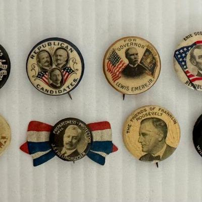Lot of 8 Unique Antique c1900 Political Campaign Buttons Trigate Quadgate
