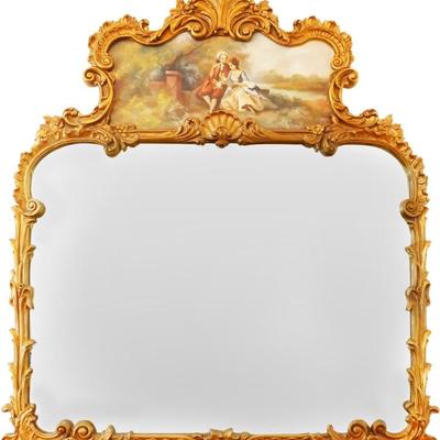 French Neoclassical Wall Mirror w/Hand Painted Illustration