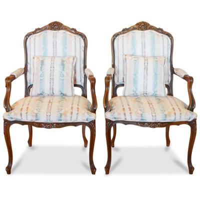 Vintage Louis XV French Provincial Carved Mahogany Armchairs (Set of 2)
