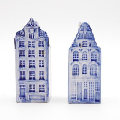 Pair Of Ceramic Hand Painted Blue Delft Holland Canal Houses Shakers