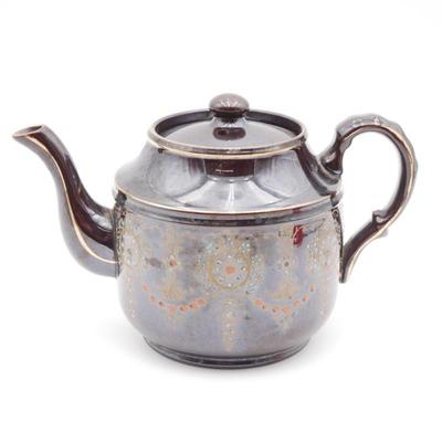 Vintage K&B England Pennsylvania Dutch-Style Brown Glaze & Floral Motif Teapot