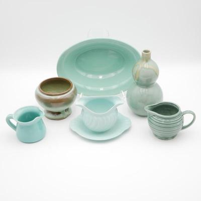 Lot of 6 Assorted Turquoise-Colored Pottery from Frankoma, Franciscan Ware, etc.